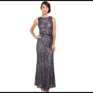 Vince Camuto Womens Geometric Sequins Gown Navy Sz 12